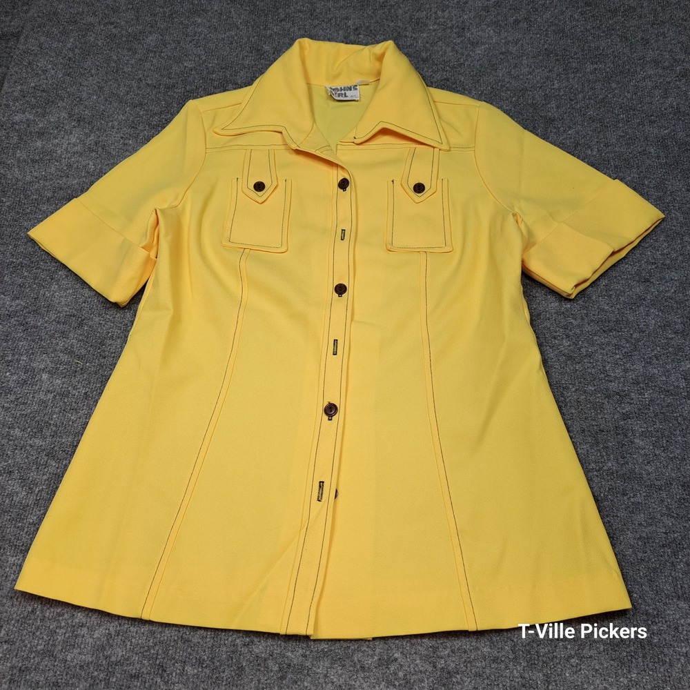 Vintage Johns Girl Yellow Button Front‎ Blouse Short Sleeve 70s Retro Size 16